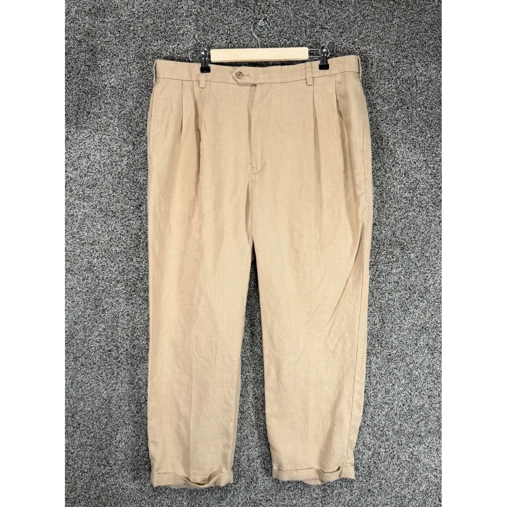 Jos A Bank Pants Mens 38/29 Tan 100% Linen Pleated Cuffed Traveler Collection
